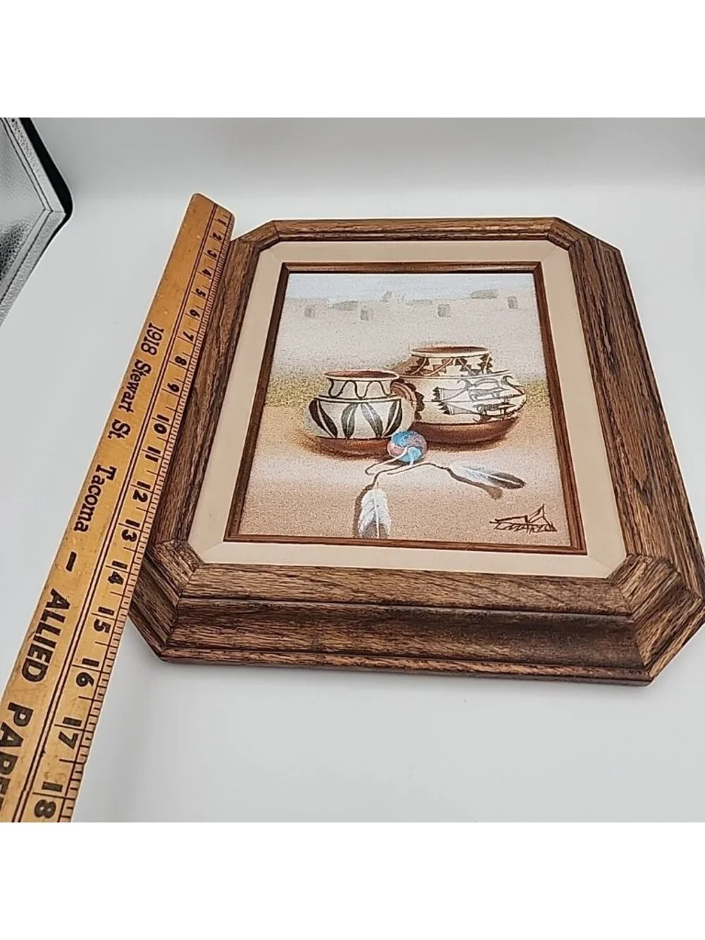 Vintage Framed Sand Painting Acoma Pueblo Native American Pottery Artist Signed